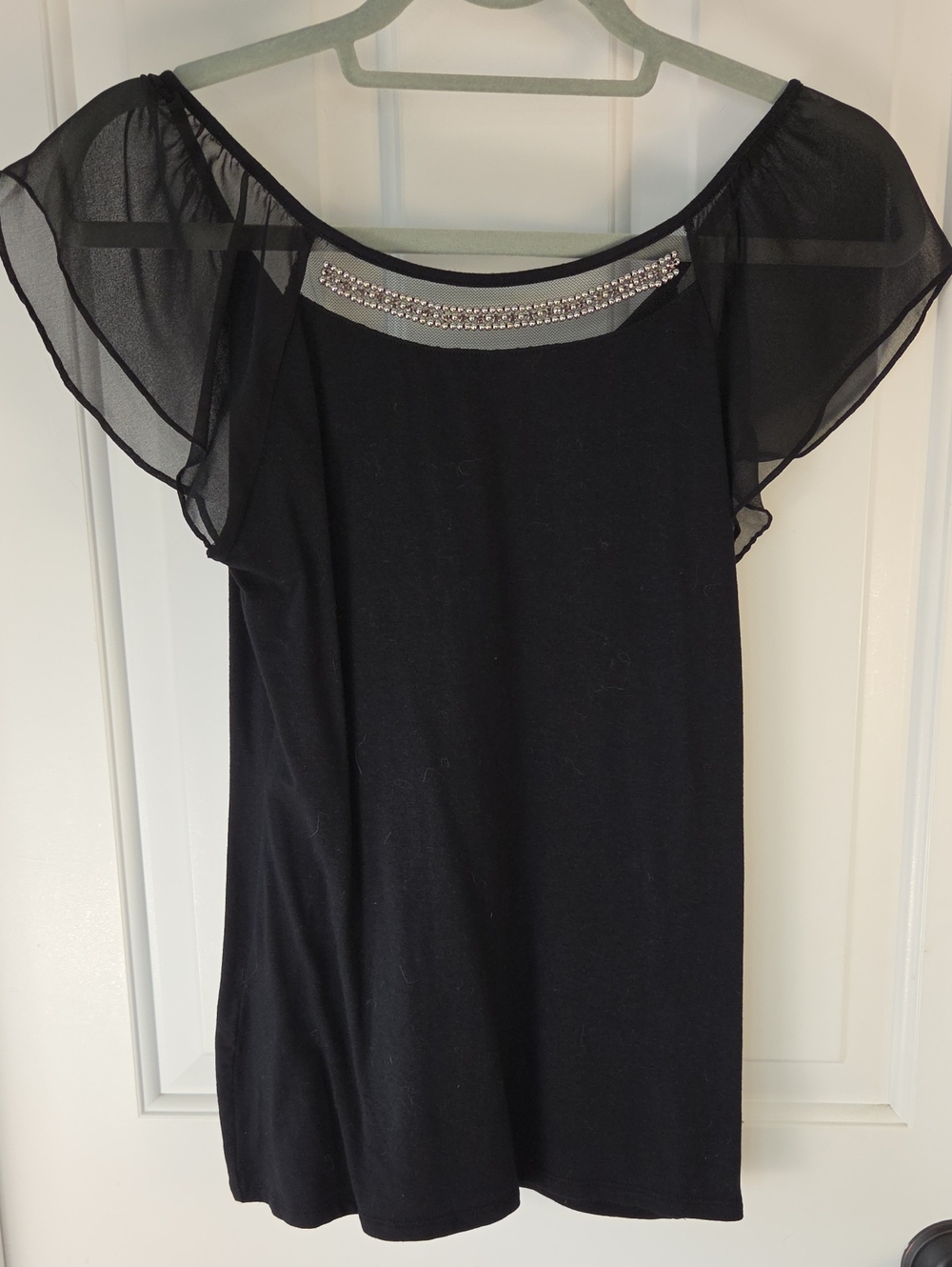 Express Black Short-Sleeve Top with Rhinestone Trim